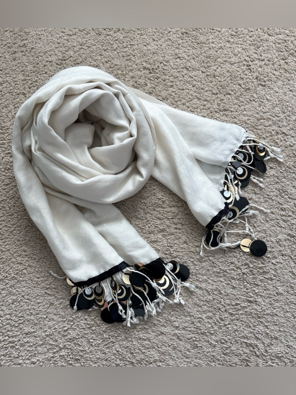 Cream Wrap Scarf with Black and Gold Sequin Fringe